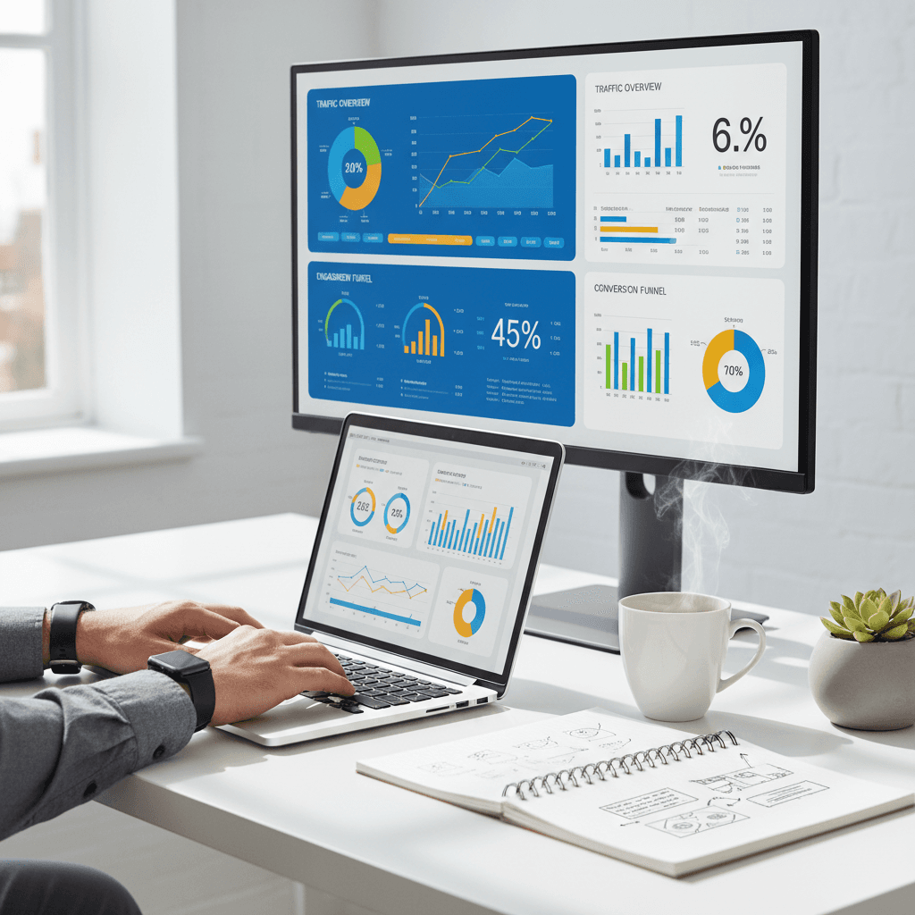 Healthcare market strategy analysis and planning on computer monitor